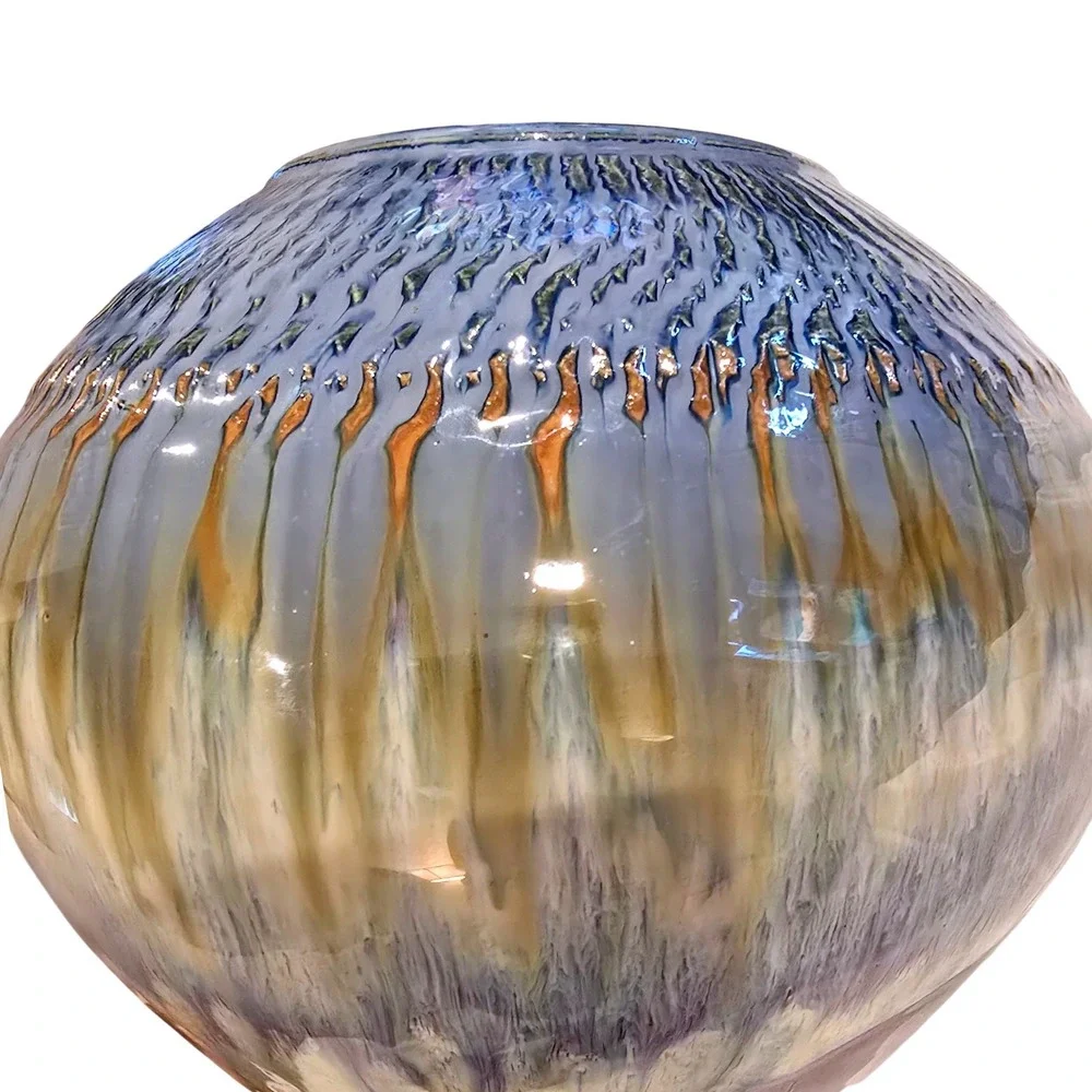 Vintage 1990s‎ Bill Campbell Pottery Vase Signed Blue Flambe Drip Glaze Globe 9